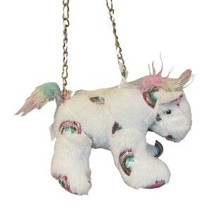 Olly & Me Unicorn Plush Kids Purse & Chain White & Gold Rainbows Sequins